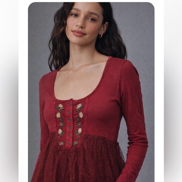 Free People Embroidered Mesh Layered Babydoll Top – Burgundy - Picture 2 of 5